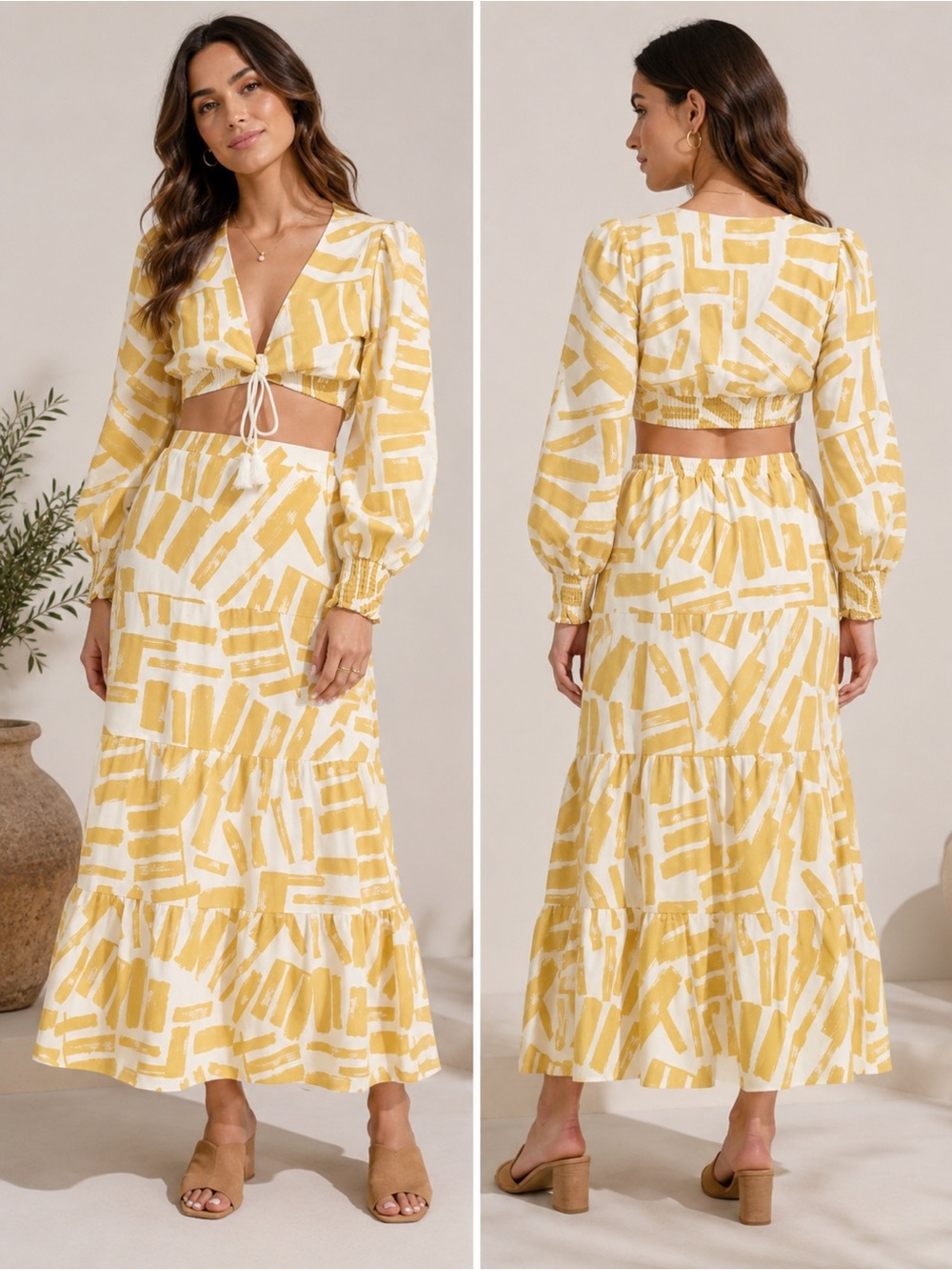 HOUSE OF HARLOW‎ Long Sleeve Linen Crop Top With Maxi Skirt Set